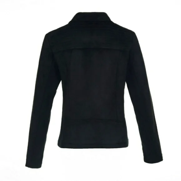 NEW SPYM Sleek Black Faux Suede Moto Stretchy Jacket Ribbed Sides & Sleeves - Picture 2 of 12